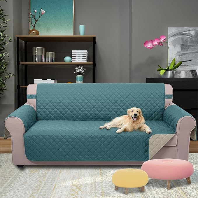 U-NICE HOME Reversible Sofa Cover Couch Cover for Dogs with Elastic Straps Water Resistant Furniture Protector for Pets Couch Cover for 3 Cushion Couch (Sofa, Blue/Beige)