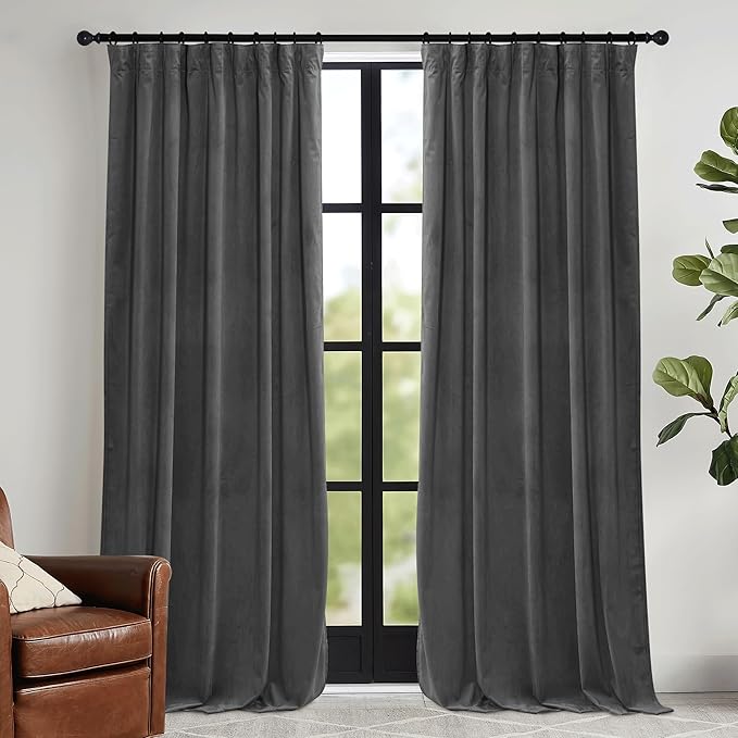 RYB HOME Grey Velvet Curtains 72 inches with Hook Belt, Soft Fabric Room Darkening Thermal Insulated Luxurious Home Decor Curtains for Living Room Bedroom, W 52" x L 72", 2 Panels Set