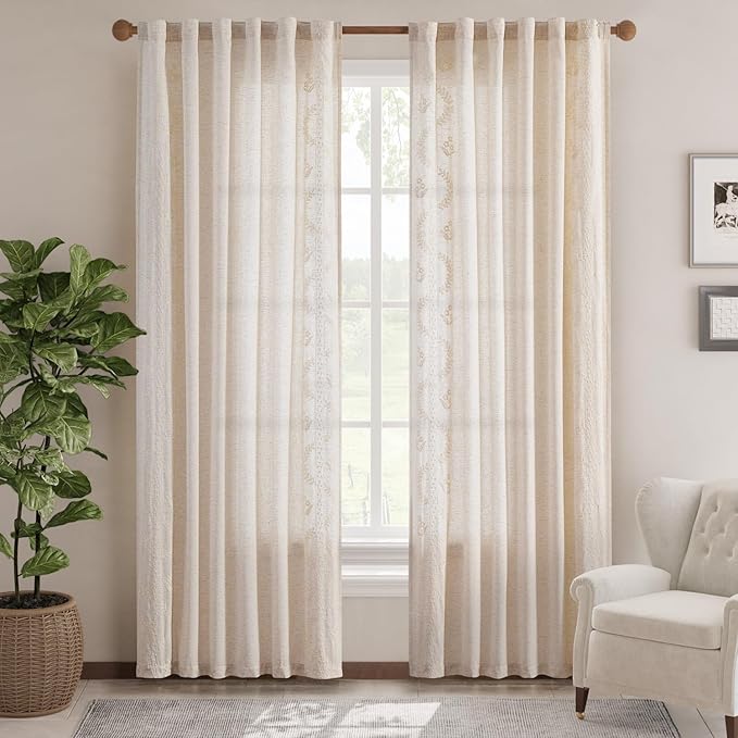 jinchan Belrose Linen Curtains for Bedroom Floral Curtains 84 Inch Length Linen Blend Ivory Embroidered Drapes Farmhouse Flower Patterned Drapes for Living Room Window Treatments Set 2 Panels