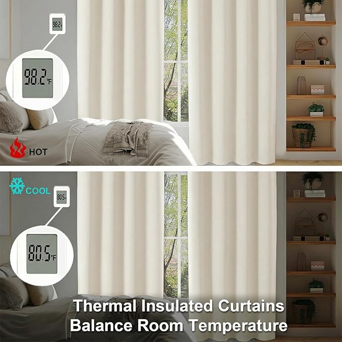 Simplebrand Ava Ivory Light Filtering Curtains for Bedroom 63 Inch Length 2 Panels Set, Privacy Thermal Insulated Rod Pocket Door Window Curtains for Patio French Door Front Door, W40 x L63 Inch
