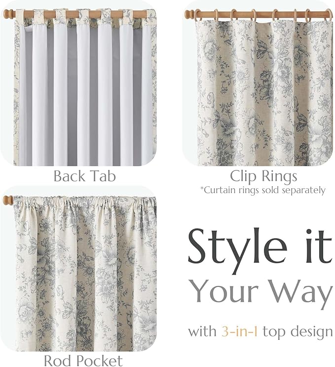jinchan Blackout Floral Curtains for Living Room Bedroom Linen Blend Curtain Farmhouse Grey Printed with Lined Back Tab Rod Pocket Drapes Window Treatments 2 Panels 90 Inch Gray