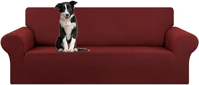 KEKUOU Stretch Oversized Sofa Slipcover 1 Piece Couch Sofa Cover (94"-110") Furniture Protector 4 Seater Sofa with Elastic Bottom for Kid,Pet.Jacquard Checked Pattern Fabric(X Large,Dark Red)