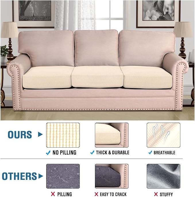 H.VERSAILTEX Super Stretch Individual Seat Cushion Covers Sofa Covers Couch Slipcover Sets Thick Jacquard Textured Twill Fabric (3 Piece Sofa Cushion Covers, Cream)