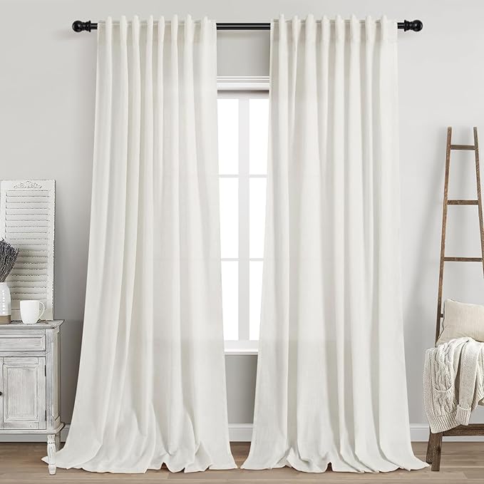 Nanspring Beige White Linen Curtains 96 Inches Long for Living Room Semi Sheer Linen Blend Curtains Back Tab Rod Pocket Light Filtering Farmhouse Coastal Decor Curtain for Bedroom 60x96, 2 Panels