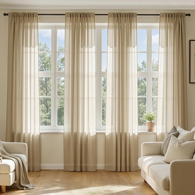 MIULEE Beige Sheer Curtains 96 Inches Long, 4 Panels Set, Rod Pocket Voile Drapes Light Filtering and Semi Transparent, Elegant Window Treatments for Bedroom Living Room,42 x 96 Inches