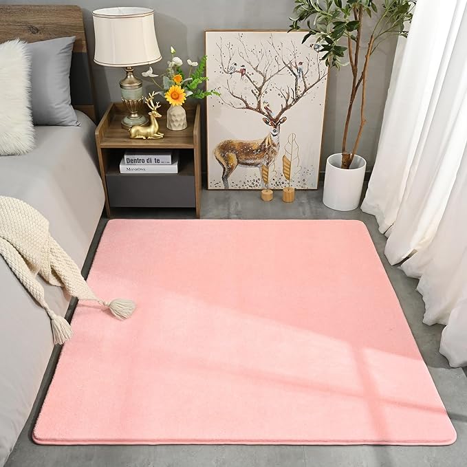 Amearea 5x5 Square Area Rugs for Bedroom Living Room, Modern Pink Thickened Memory Foam Rug, Fluffy Indoor Washable Rugs Non Slip Minimalist Carpet for Kids Boys Girls Dorm Nursery Room Decor
