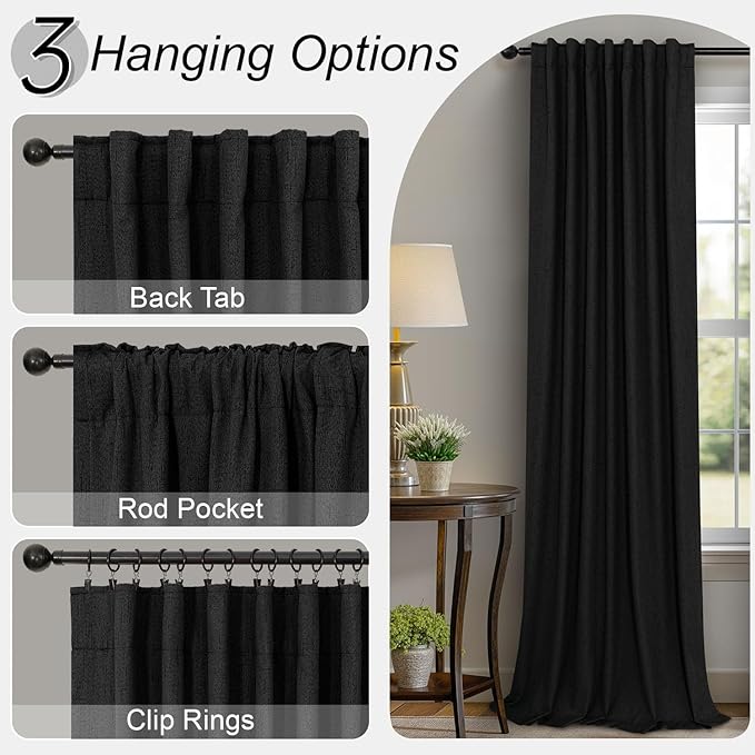 Black Curtains 84 Inches Long for Bedroom 2 Panel Set Linen Textured Total Blackout Thermal Insulated Darkening Dark Curtains Black Out Shades for Living Room Floor Length Window Drape Back Tab Pocket
