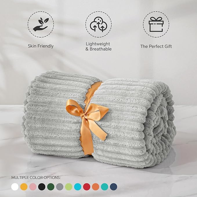 BEDELITE Fleece Throw Blanket for Couch – 3D Ribbed Jacquard Soft and Warm Decorative Fuzzy Blanket – Cozy, Fluffy, Plush Lightweight Light Grey Throw Blankets for Bed, Sofa, 50x60 inches