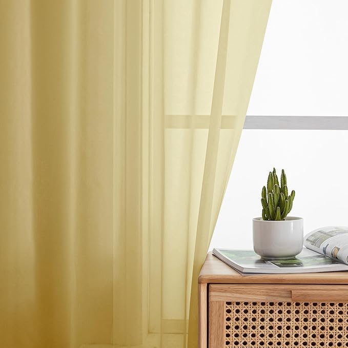 Simplebrand Yellow Short Sheer Curtains 45 Inch Length for Small Windows, Rod Pocket 2 Panels Set Solid Voile Drapes Window Sheer Curtains for Bedroom Bathroom Kids Room Kitchen, 42x45 Inch, 2pcs