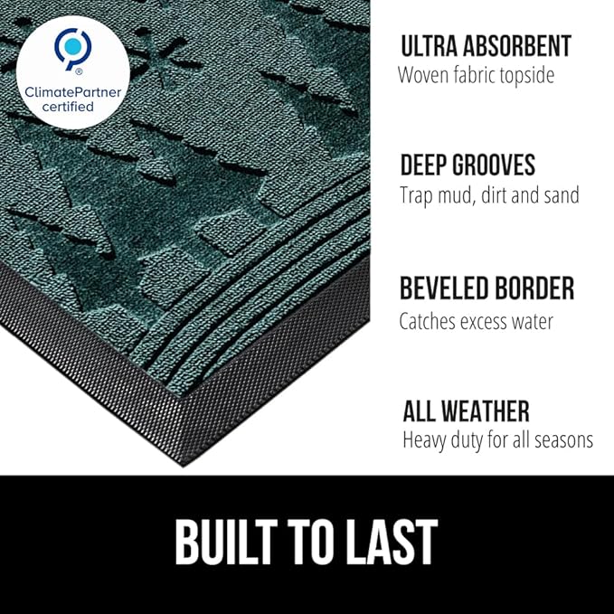 GORILLA GRIP 100% Waterproof All-Season WeatherMAX Doormat, 47x35, US Designed Natural Rubber, Stain and Fade Resistant, Low Profile Indoor Outdoor Door Mats, Easy Clean Patio Mat, Green Snowscape