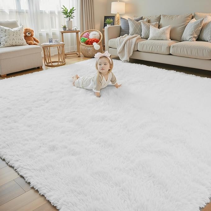 Area Rugs 10x14 Living Room, Shaggy Carpet Soft Plush Furry Bedside Rug Large Area Rugs for Bedroom Kids Girls Boys Home Decor Anti Slip(10 x 14, White)