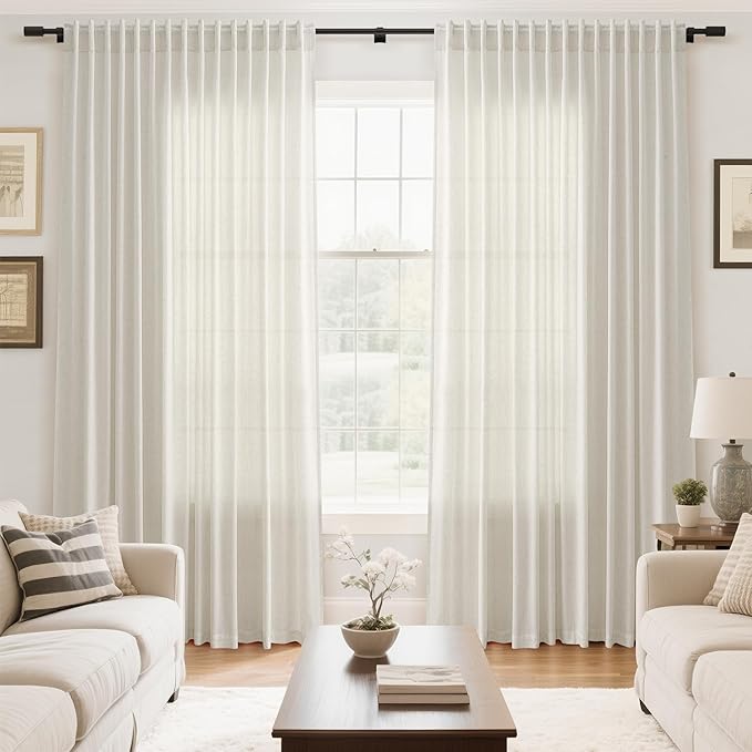 Cream Large Window Curtains Light Filtering Semi Sheer Privacy Linen Textured Curtain for Patio Sliding Glass Door Extra Wide Rustic Farmhouse Drapes for Living Room Bedroom Sunroom 100x90 Inch