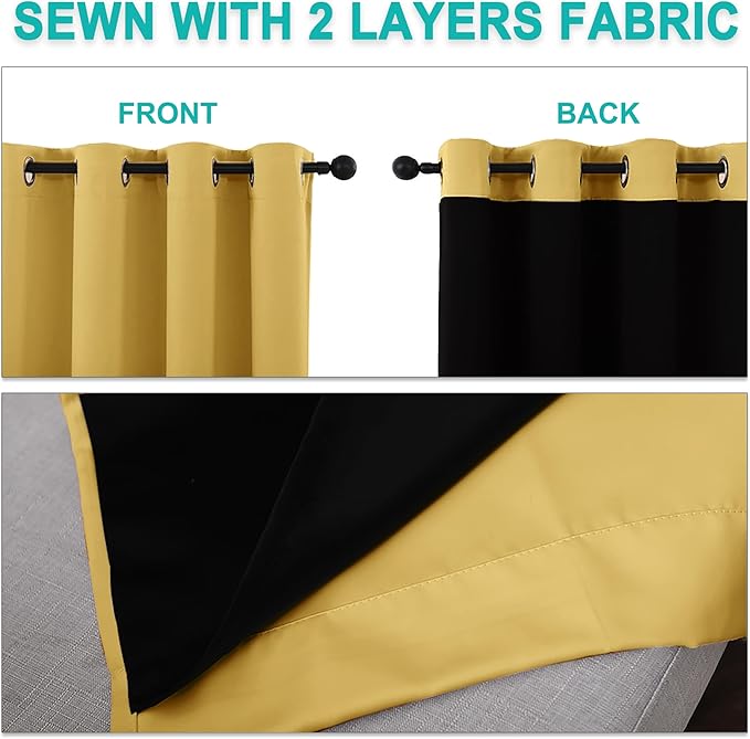 NICETOWN 100% Blackout Short Curtains with Black Liners, 2 Panels, 37" W by 50" L, Bright Yellow, Thermal Insulated Full Blackout 2-Layer Lined Drapes, Energy Efficiency Window Draperies for Bedroom