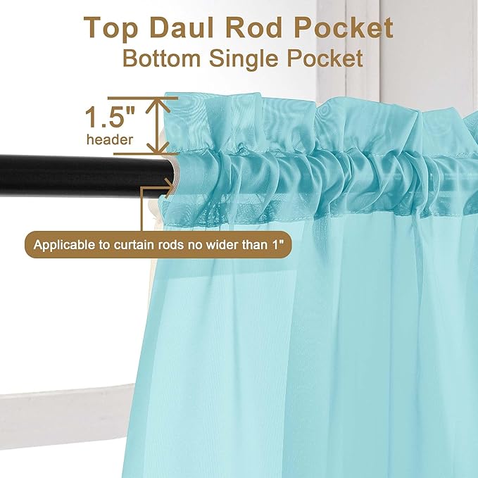 Chyhomenyc Aqua Sheer Curtains 30 inch Length 2 Panels, Light Filtering Voile Rod Pocket Short Window Curtians for Bathroom Living Room Farmhouse Small Windows, 42Wx30L inches