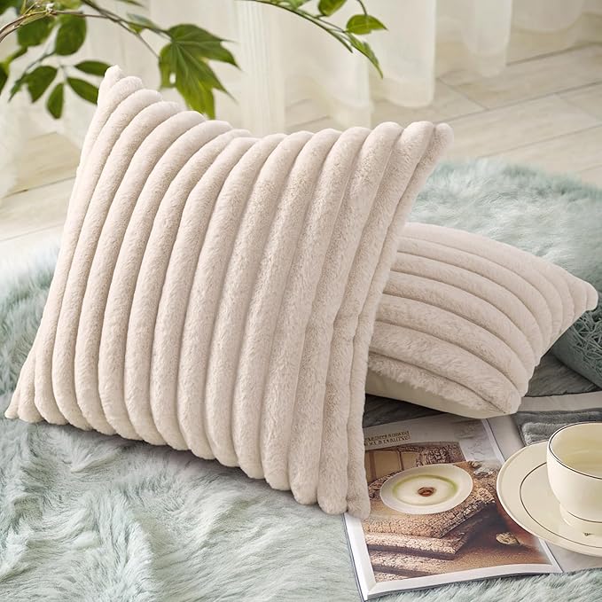 decorUhome Summer Cozy Faux Fur Throw Pillow Covers 20x20 Set of 2 Decorative Soft Plush Striped Modern Farmhouse Boho Couch Pillow Cases with Velvet Back for Sofa Bed Living Room, Beige