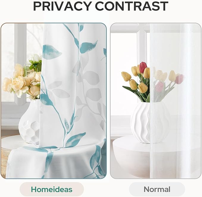 HOMEIDEAS Non-See-Through Teal and White Privacy Sheer Curtains 52 X 63 Inch Length 2 Panels, Leaf Floral Printed Light Filtering Semi Sheer Window Curtains Drapes for Bedroom Living Room