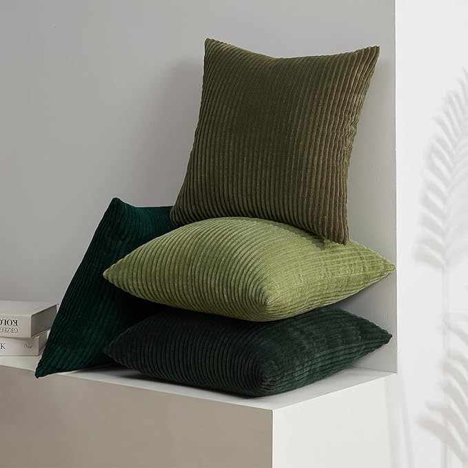 Topfinel Christmas Decorative Throw Pillow Covers Green Series,Winter Fluffy Corduroy Striped Euro Pillows Shams for Couch Bed Bedroom,Western Modern Hunter Green Pillowcase 24x24 Inch Set of 4
