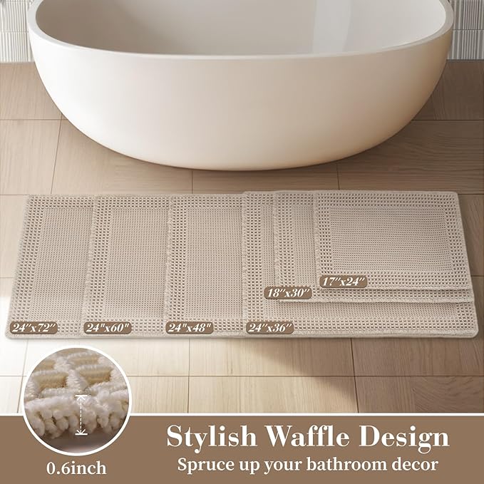 RESARE Waffle Bathroom Runner Rugs, Super Absorbent Bath Mat Non Slip Washable Quick Dry, Upgraded Ultra Soft Boho Bath Rugs with Tassels for Hallway Bedroom Laundry Room, 2'x4'(24"x48"), Pale Beige