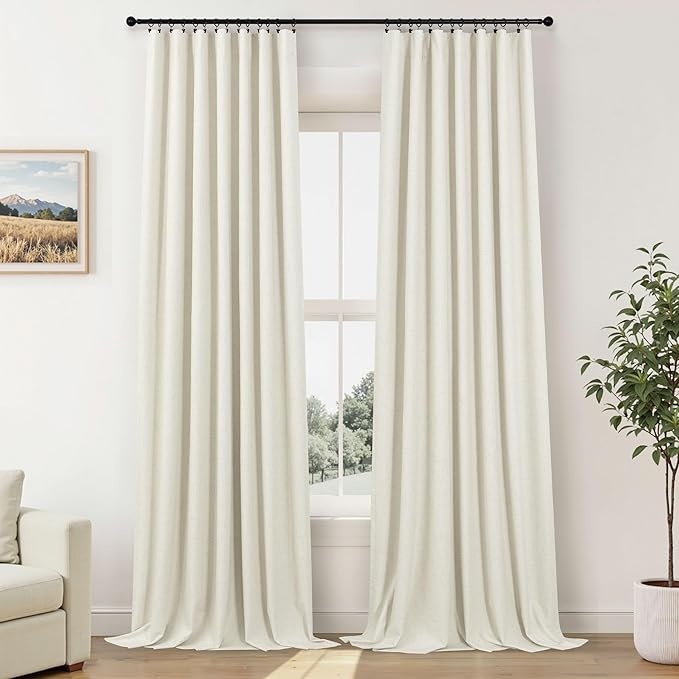 Pitalk Extra Wide Curtains 60 Inches Wide for Living Room 84 Inch Length 2 Panels Thick Back Tab Pleated Cream Linen Blackout Dark Out Sliding Door Window Curtains Thermal Privacy Drapes 60x84 Long
