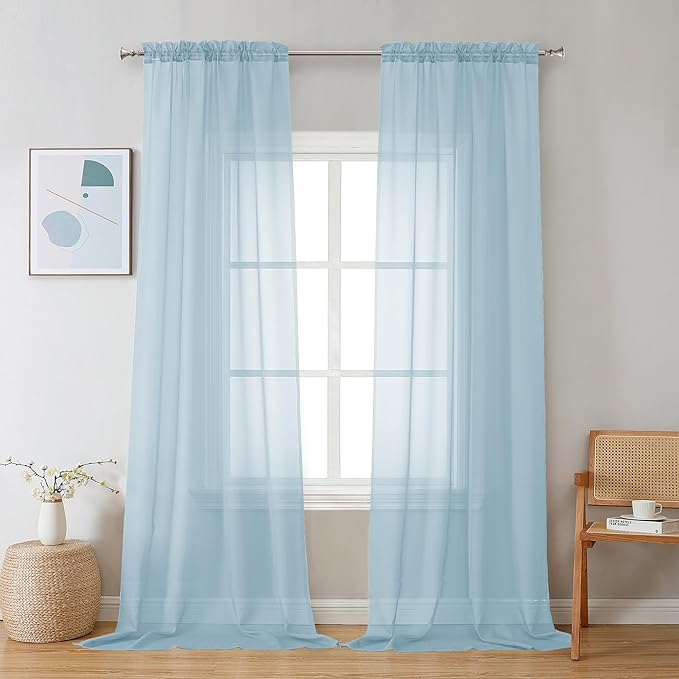 Chyhomenyc Sky Blue Sheer Curtains 108 Inches Long - Light Filtering Voile Extra Long Panel Drapes for Floor to Ceiling Window, Elegant Soft Living Room Curtains, Each 42Wx108L Inch, 9FT, 2 Panels