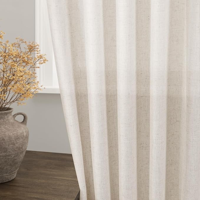 Nanspring Beige Linen Back Tab Curtains 96 Inches Long for Bedroom Light Filtering Privacy Sheer Curtains Modern Farmhouse Coastal Decor Linen Cotton Textured Gauze Curtain 2 Panel Set 70x96