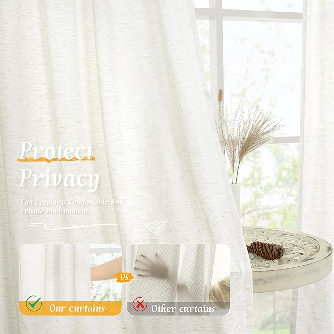 LAMIT Faux Linen 63 Inch Curtains for Bedroom, Ivory Rod Pocket Linen Drapes Light Filtering Semi Sheer Privacy Curtains for Small Window/Living Room, 2 Panels (42 x 63 Inch, Natural)
