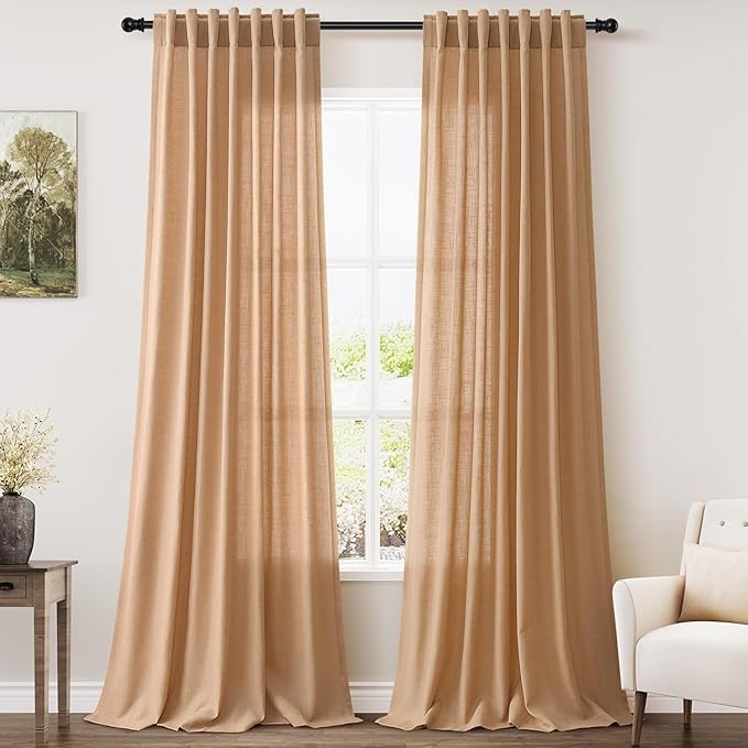 Nanspring Camel Linen Curtains for Living Room Extra Long 112 Inches Long Back Tab Light Filtering Semi Sheer Curtain Vintage Rustic Decor Floor to Ceiling High Window for Bedroom 52x112, 2 Panels