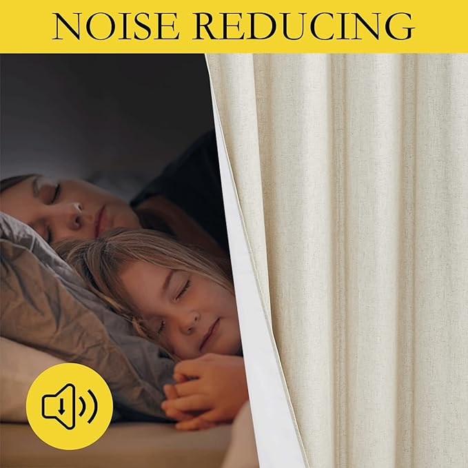 NICETOWN Natural Thick Linen Blend 100% Blackout Curtains 60" Long 2 Panels Set for Bedroom, 34" Wide, Rustic Grommet Thermal Insulated Flax Textured Full Blackout Window Draperies with White Liners