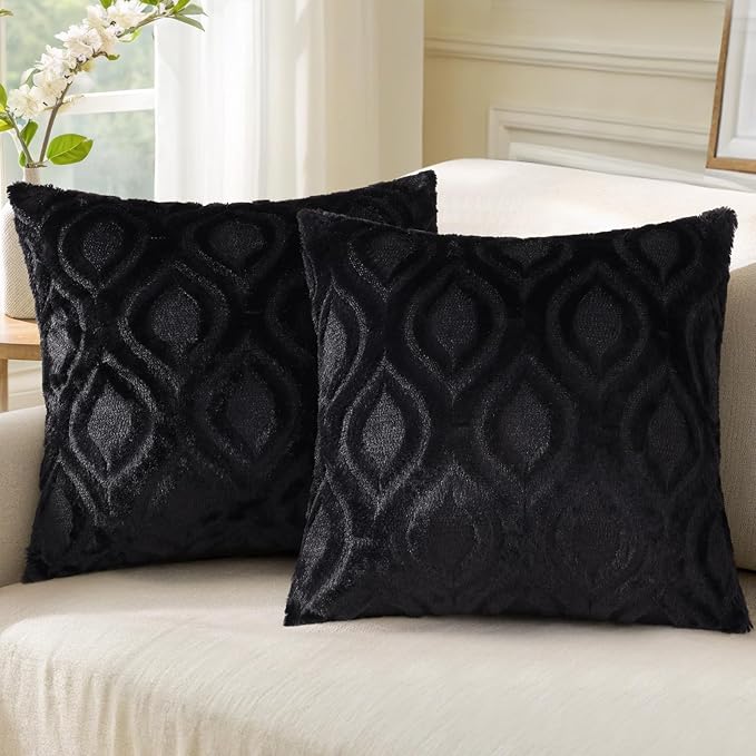 decorUhome Throw Pillow Covers 26x26 Inch Set of 2, Soft Plush Faux Wool Black Solid Couch Pillow Covers, Accent Euro Sham Farmhouse Neutral Square Pillow Cases for Sofa Bed Living Room