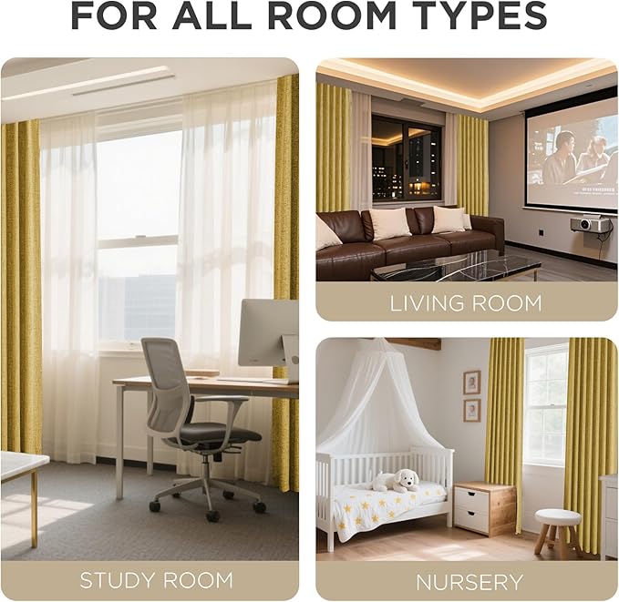 Joydeco Blackout Curtains for Bedroom - 72 Inch Long 100% Light Blocking 2 Panels Set Yellow Drapes, Thermal Insulated Room Darkening Curtains, Linen Textured for Living Room, Rod Pocket & Back Tabs
