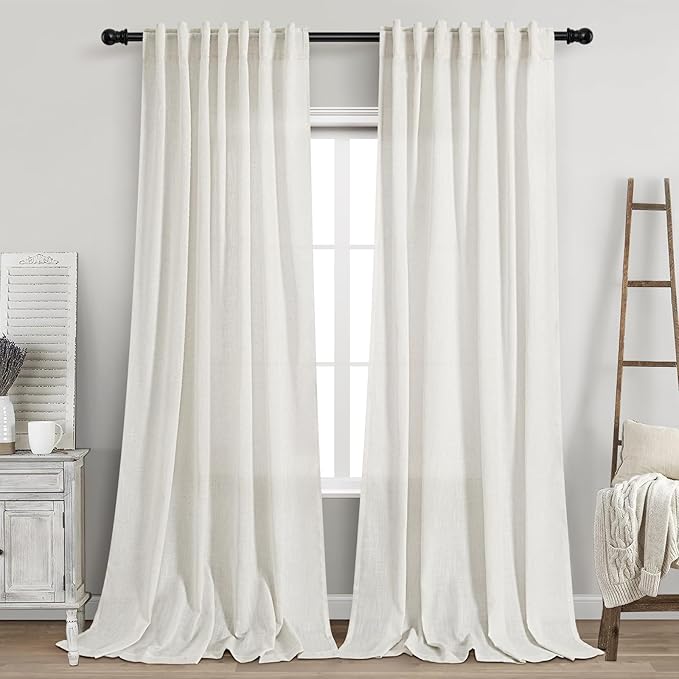 Extra Long Beige White Linen Curtains 120 Inch for Living Room 2 Panels Set Rod Pocket Back Tab Light Filtering Semi Sheer Soft Linen Window Drapes Privacy High Ceiling Drapes for Farmhouse 52x120