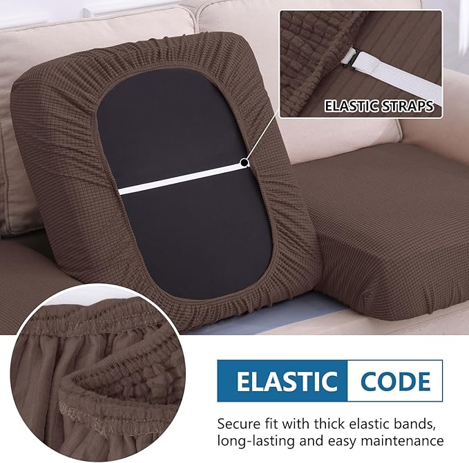 hyha Waterproof Couch Cushion Covers for Pets, Non Slip Sofa Seat Cover for Dogs Washable, Soft Thick Stretch Jacquard Fabric, Sofa Slipcovers with Elastic Bottom (3 Pieces, Brown)