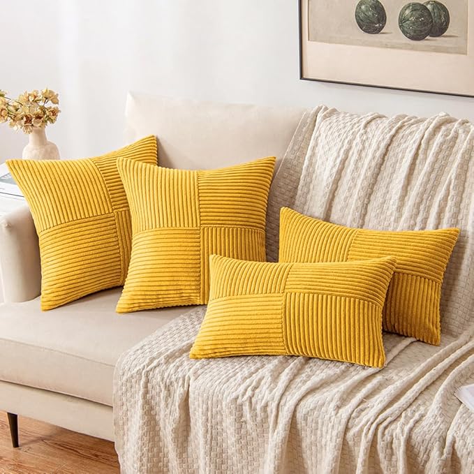 MIULEE Mustard Yellow Decorative Lumbar Throw Pillow Covers 12x20 Inch for Couch Bed Sofa Pack of 2 Boho Farmhouse Throw Pillows Soft Cross Corduroy Patchwork Textured Cushion Cases