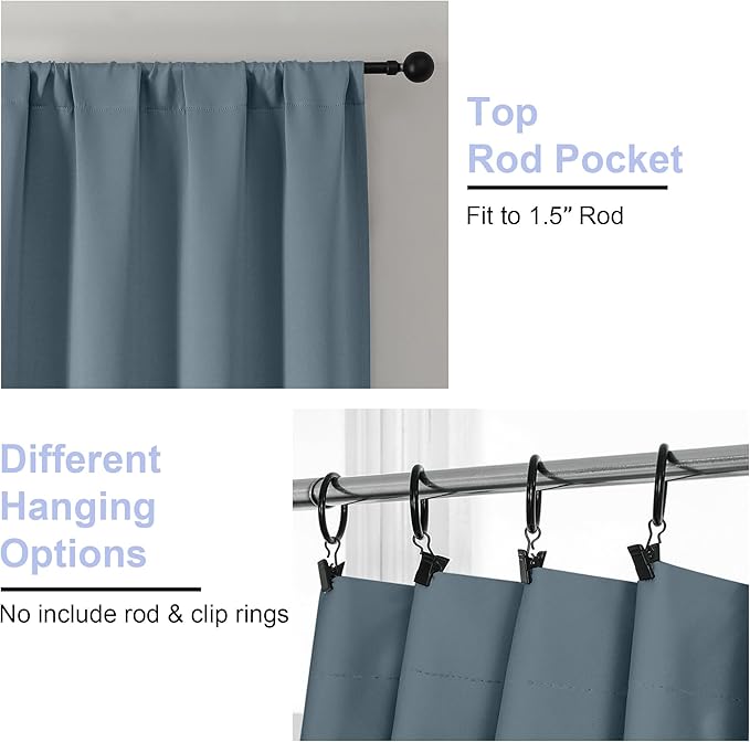 Simplebrand Ava Stone Blue Short Blackout Curtains for Bedroom 54 Inches Long 2 Panels Set, Solid Thermal Insulated, Energy Saving Window Treatment Curtains Blackout Drapes, W40 x L54 Inch, Stone Blue