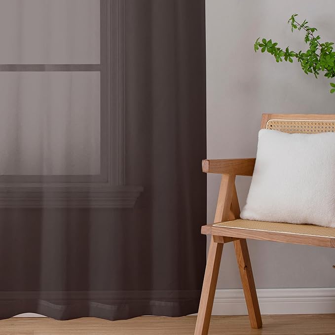 Chyhomenyc Chocolate Brown Sheer Valances for Windows - Light Filtering Small Kitchen Curtains, Rod Pocket Short Top Window Treatment Decor for Living Room Bathroom Basement, 42Wx16L inches, 2 Panels