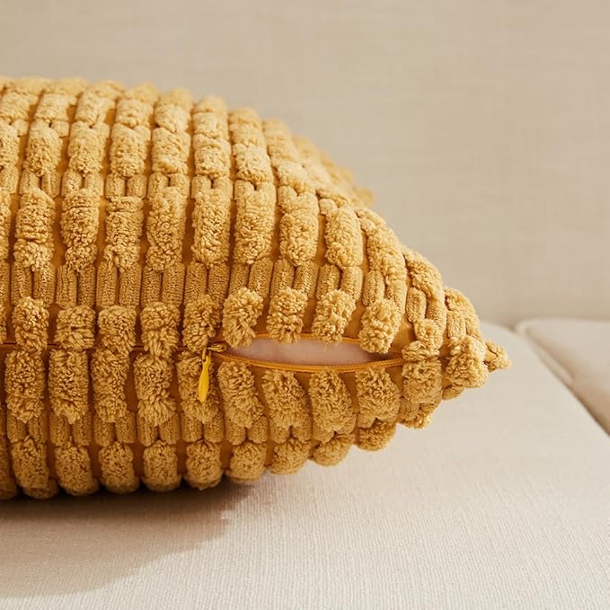 Fancy Homi 4 Packs Mustard Yellow Decorative Throw Pillow Covers 12x24 Inch for Living Room Couch Bed Sofa, Rustic Farmhouse Boho Home Decor, Soft Plush Striped Corduroy Square Cushion Case 30x60 cm