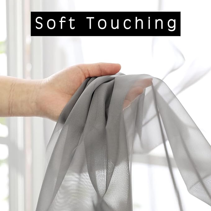 OWENIE Grey Sheer Kitchen Valance for Windows Set of 2, Small Modern Rod Pocket Voile Valance Curtain Window Treatment Decor for Living Room Bathroom Cafe Laundry Basement, 42" W x 14" L
