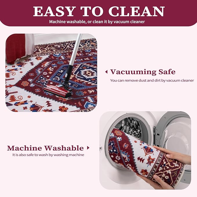 SERISSA Washable Rugs 8x10 Area Rugs, Large Non-Slip Boho Living Room Rug, Ultra Soft Oriental Vintage Burgundy Navy Print Distressed Carpet for Dining Room Bedroom Dorm Office Home Decor