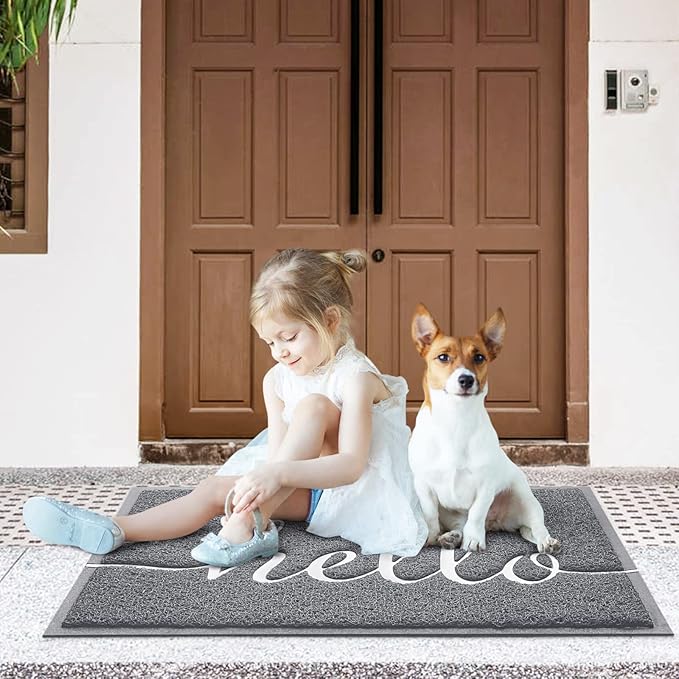 CozyBounty Door Mat Hello Mats Outdoor Indoor Non-Slip Doormat for Entryway Low-Profile Floor Mat for Yard, Garage, High Traffic Areas (36"x24", Grey)