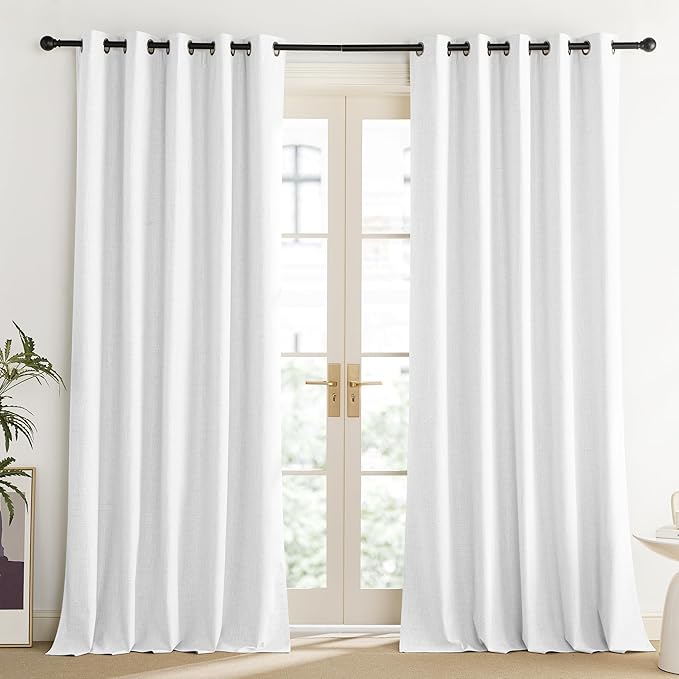 NICETOWN 100% Absolutely Blackout Linen Curtains with Thermal Insulated Liner, Greyish White, 62" Wide, 90" Length Energy Saving Curtains for Living Room 2 Panels Set, Vertical Blinds