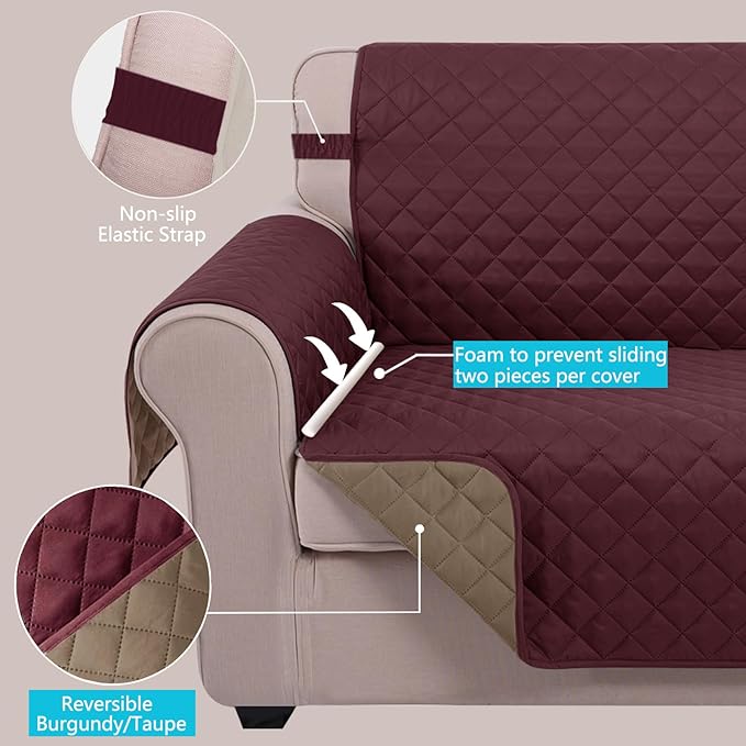 U-NICE HOME Loveseat Sofa Cover Reversible Couch Cover for Dogs with Elastic Straps Water Resistant Furniture Protector for Pets Couch Cover for 2 Cushion Couch (Loveseat, Burgundy/Tan)