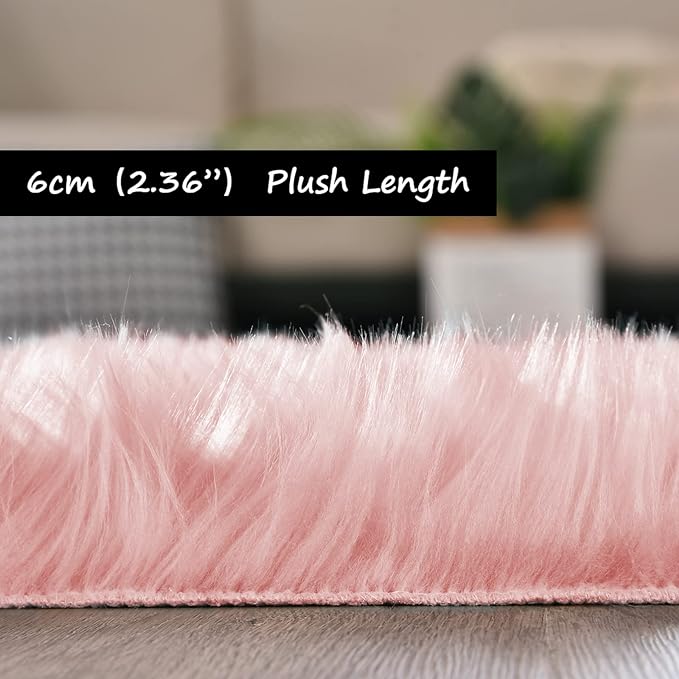 Goolela Pink Faux Sheepskin Fur Rug 4x6 Fluffy Fuzzy Furry Area Rug for Girls Bedroom Dorm Light Pink Shag Carpet for Playroom Washable Sheepskin