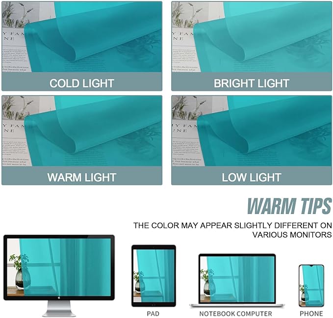 Valances for Windows 14 inch Length 2 Panels, Small Voile Sheer Curtains for Bathroom, Soft Fabric Lightweight Light Filtering Kitchen Curtains, Dual Rod Pocket, Turquoise, 2x42Wx14L Inches
