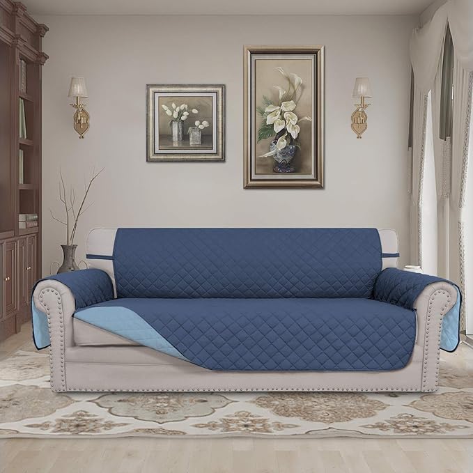 Easy-Going Reversible Oversized Couch Cover for 3 Cushion Couch Sofa Cover for Dogs Water Resistant Furniture Protector Cover with Foam Sticks for Pet (Oversized Sofa, Dark Blue/Light Blue)