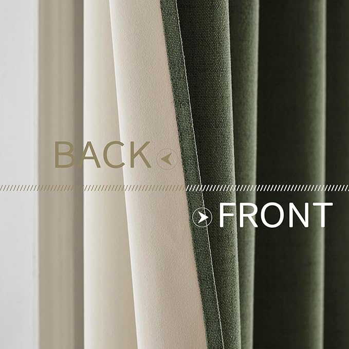 MIULEE 100% Blackout Linen Textured Curtains for Bedroom Solid Thermal Insulated Olive Green Grommet Room Darkening Curtains & Drapes Luxury Decor for Living Room Nursery 52 x 84 Inch (2 Panels)
