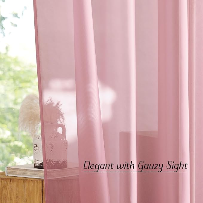 NICETOWN Voile Sheer Pink Curtains 90 inches Long for Girls Room, Grommet Casual Window Treatments with Light Filtering Airy & Elegant for Bedroom/Living Room, W54 x L90