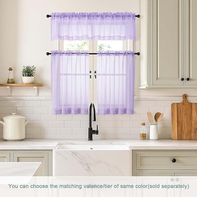 Valances for Windows 14 inch Length 2 Panels, Small Voile Sheer Curtains for Bathroom, Soft Fabric Lightweight Light Filtering Kitchen Curtains, Dual Rod Pocket, Lavender, 2x42Wx14L Inches