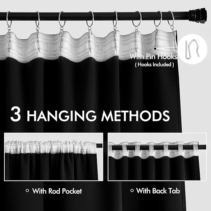 MIULEE 2 Panels Back Tab Blackout Curtains 96 Inch Long for Living Room Bedroom, Halloween Black Rod Pocket/Pinch Pleated Thermal Insulated Room Darkening Light Blocking Floor to Ceiling Curtain/Drape