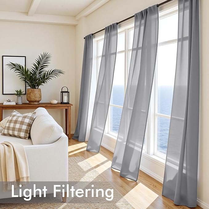 MIULEE Dark Grey Sheer Curtains 84 Inches Long, 4 Panels Set, Rod Pocket Light Filtering Window Drapes for Bedroom and Living Room, Elegant Airy Fabric, 54 x 84 Inches
