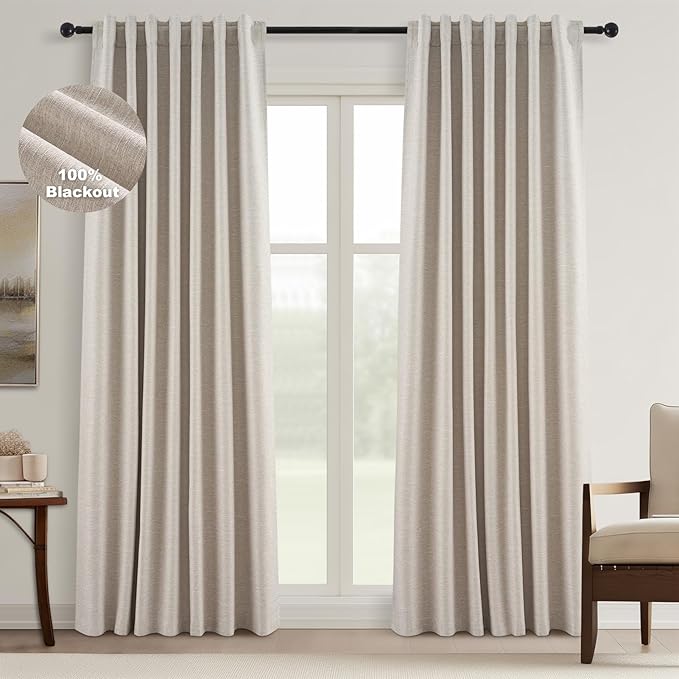Topfinel Boho Farmhouse Black Out Linen Curtains 84 Inch Length 2 Panels Set for Bedroom Living Room, Greige Insulating Winter Room Divider Curtains Neutral Burlap Drapes 7FT Long Pleated Back Tab